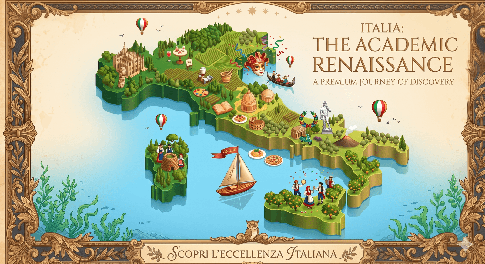 Italia: The Academic Renaissance — an illustrated isometric map of Italy with landmarks, gondolas, dancers and statues, framed in gilded border art